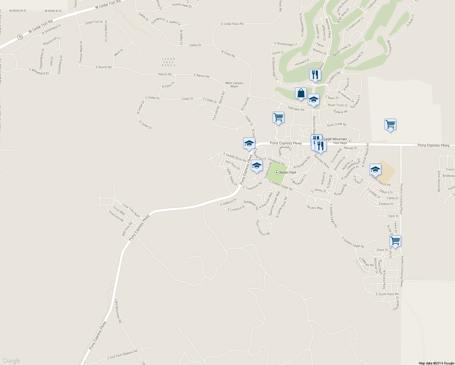 map of restaurants, bars, coffee shops, grocery stores, and more near 7718 North Mountain Ash Way in Eagle Mountain