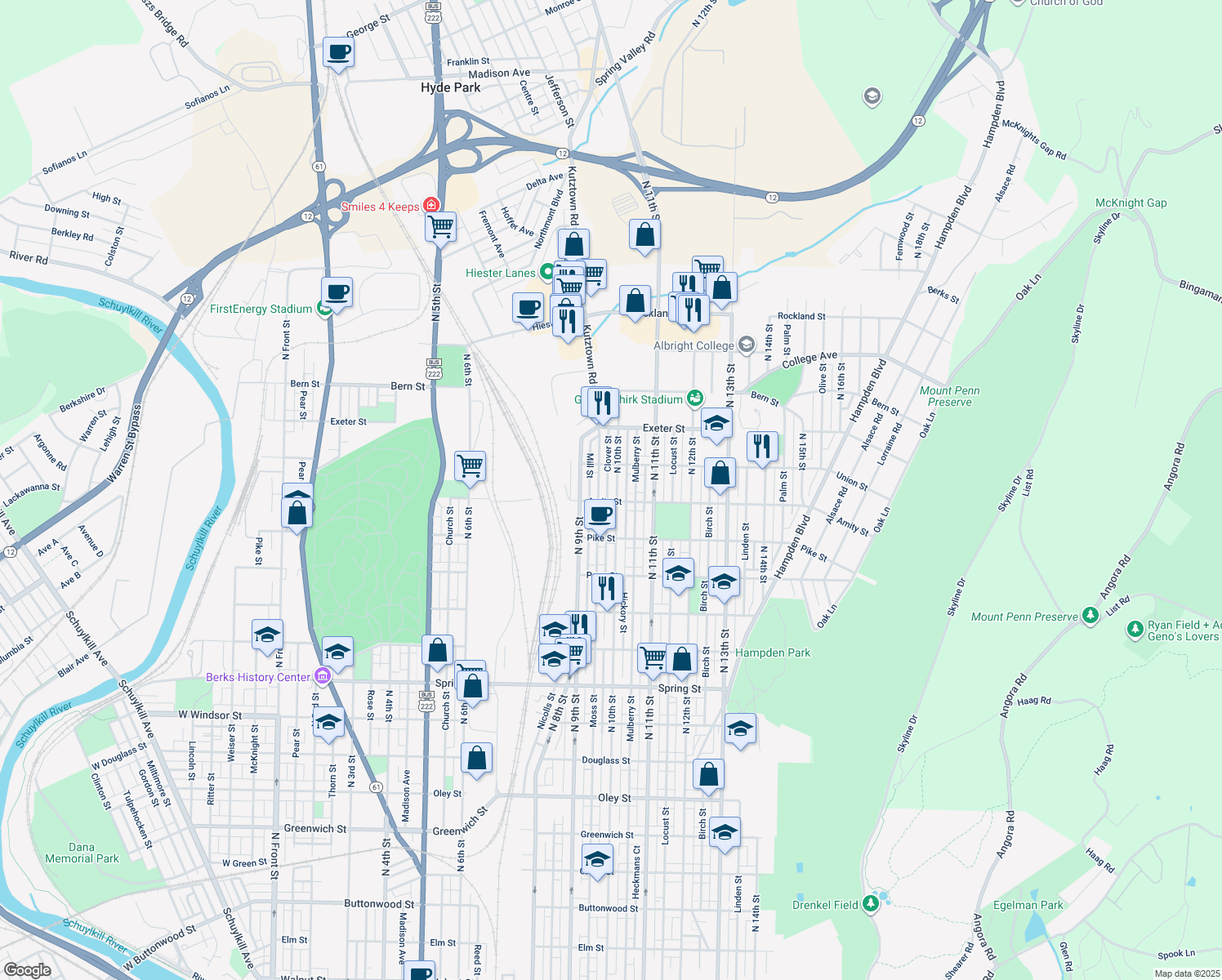map of restaurants, bars, coffee shops, grocery stores, and more near 1520 North 10th Street in Reading