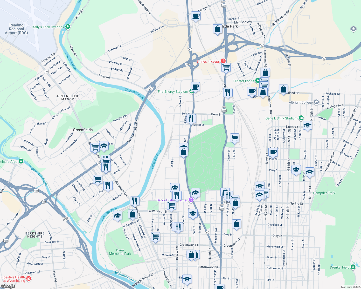 map of restaurants, bars, coffee shops, grocery stores, and more near 103 Amity St in Reading