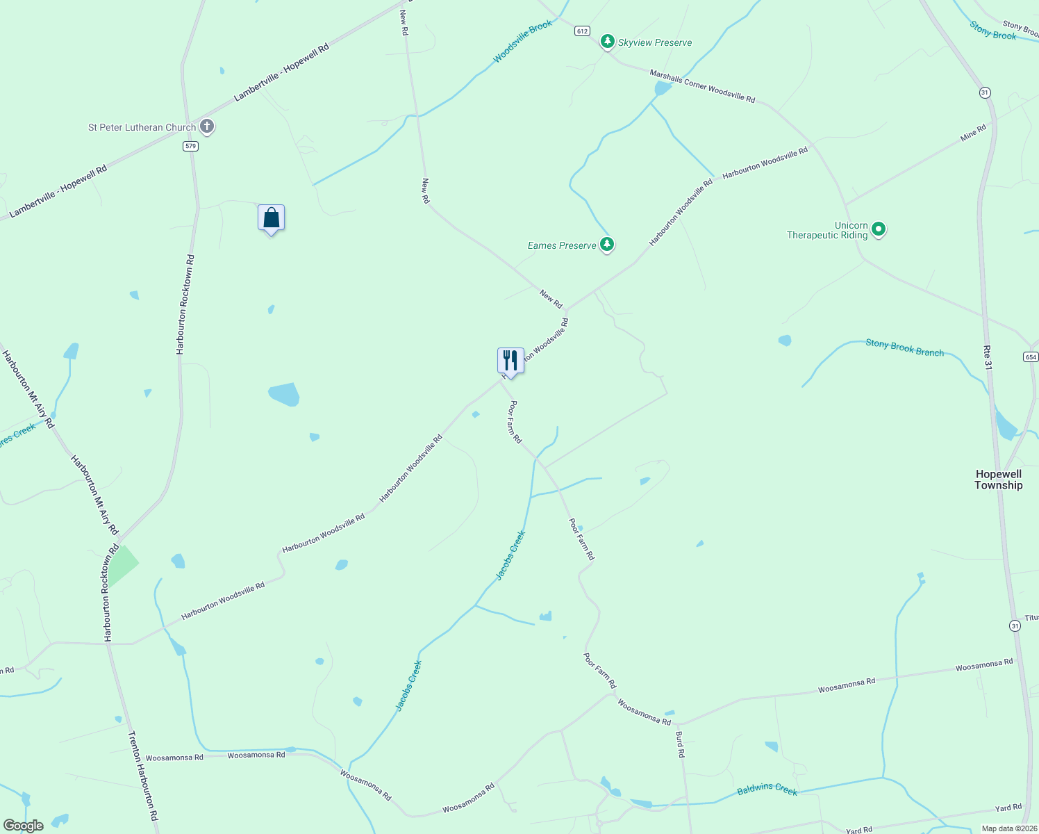 map of restaurants, bars, coffee shops, grocery stores, and more near 8 Poor Farm Road in Pennington