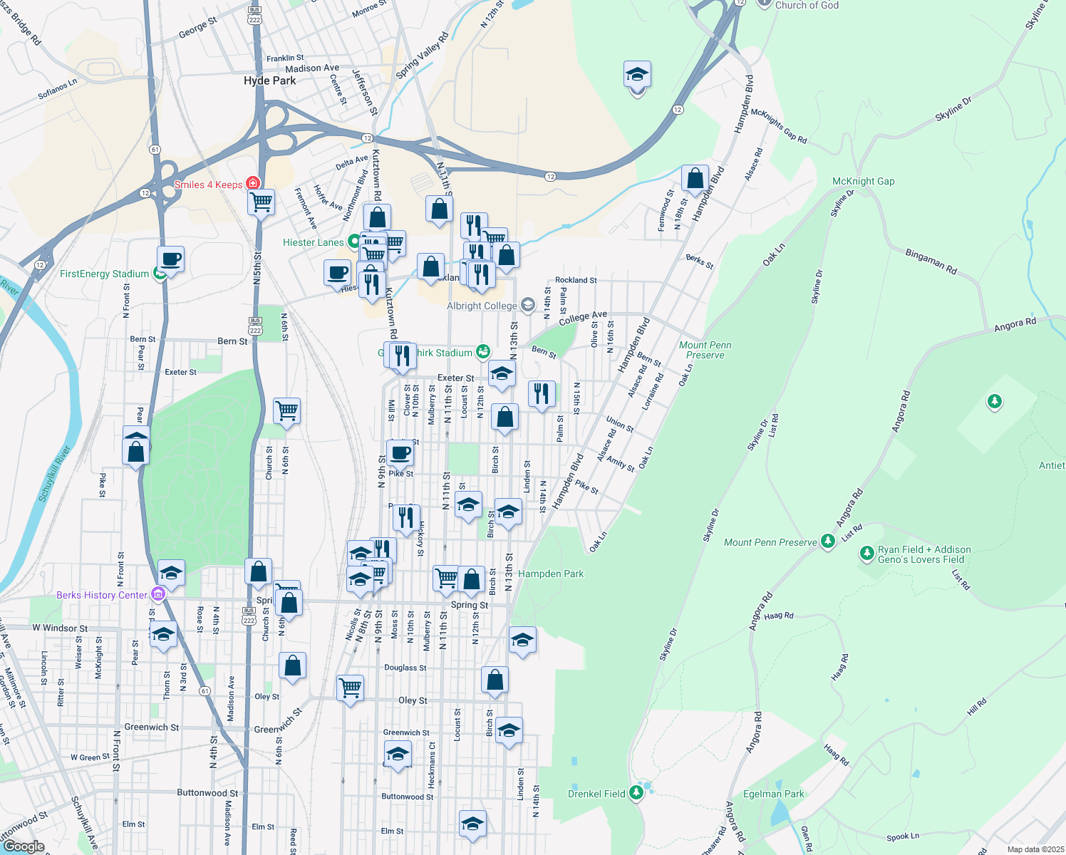 map of restaurants, bars, coffee shops, grocery stores, and more near 1517 Linden St in Reading