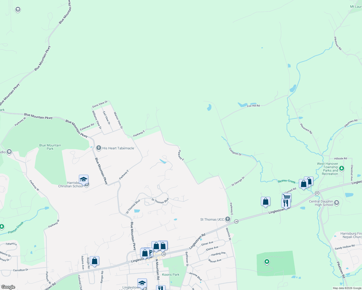 map of restaurants, bars, coffee shops, grocery stores, and more near 6421 Parkway East in Harrisburg