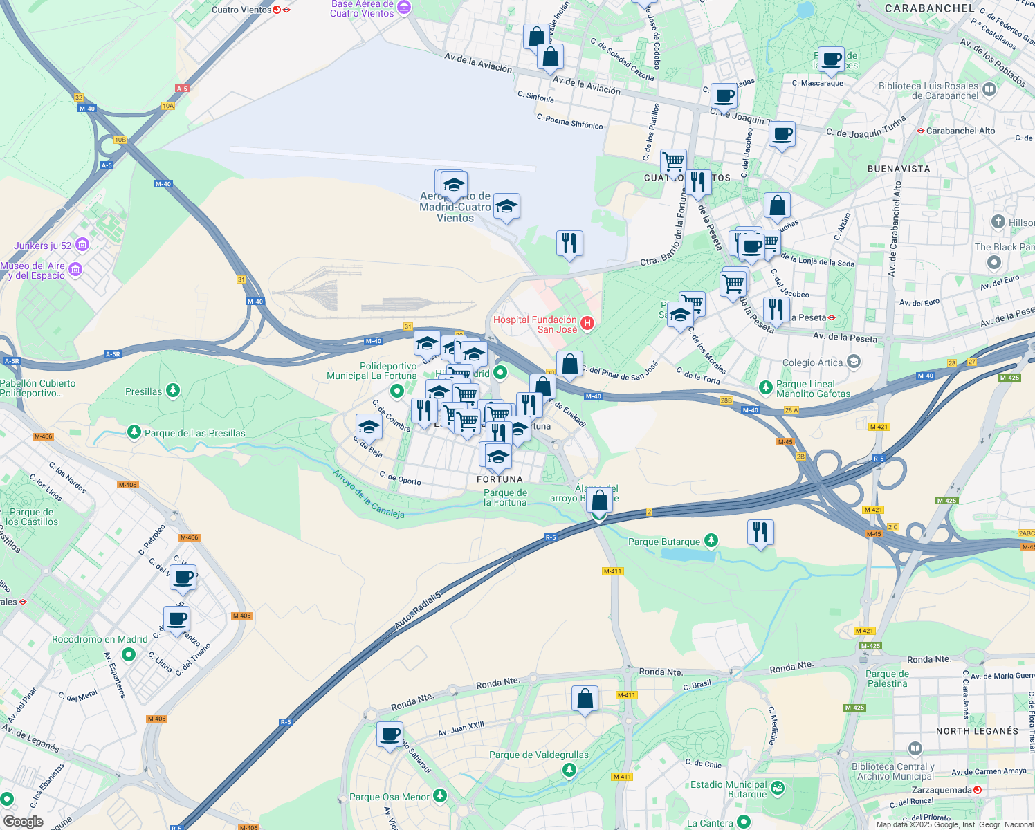 map of restaurants, bars, coffee shops, grocery stores, and more near Calle de Mondragón in Leganés