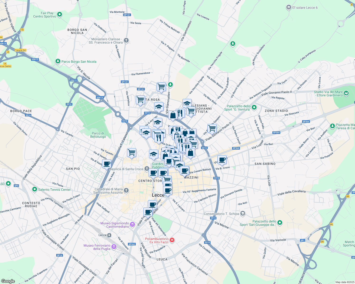 map of restaurants, bars, coffee shops, grocery stores, and more near 45 Via Gabriele D'Annunzio in Lecce
