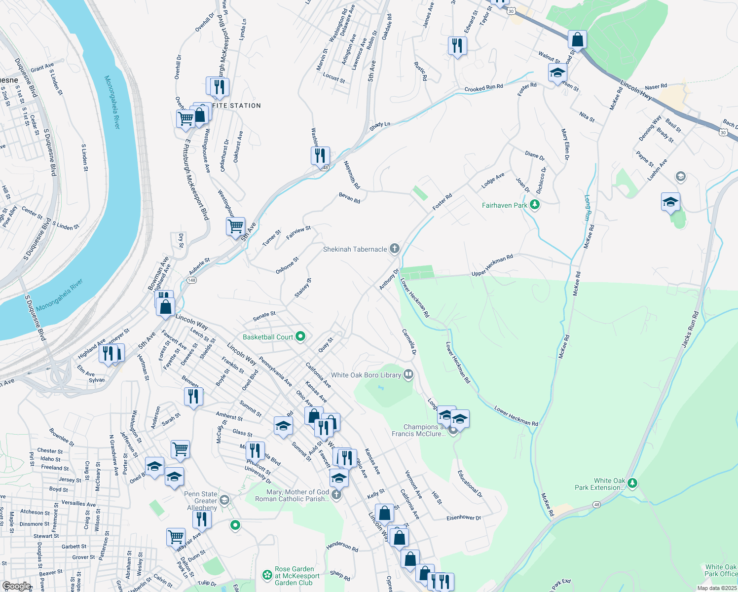 map of restaurants, bars, coffee shops, grocery stores, and more near 3402 Foster Rd in White Oak
