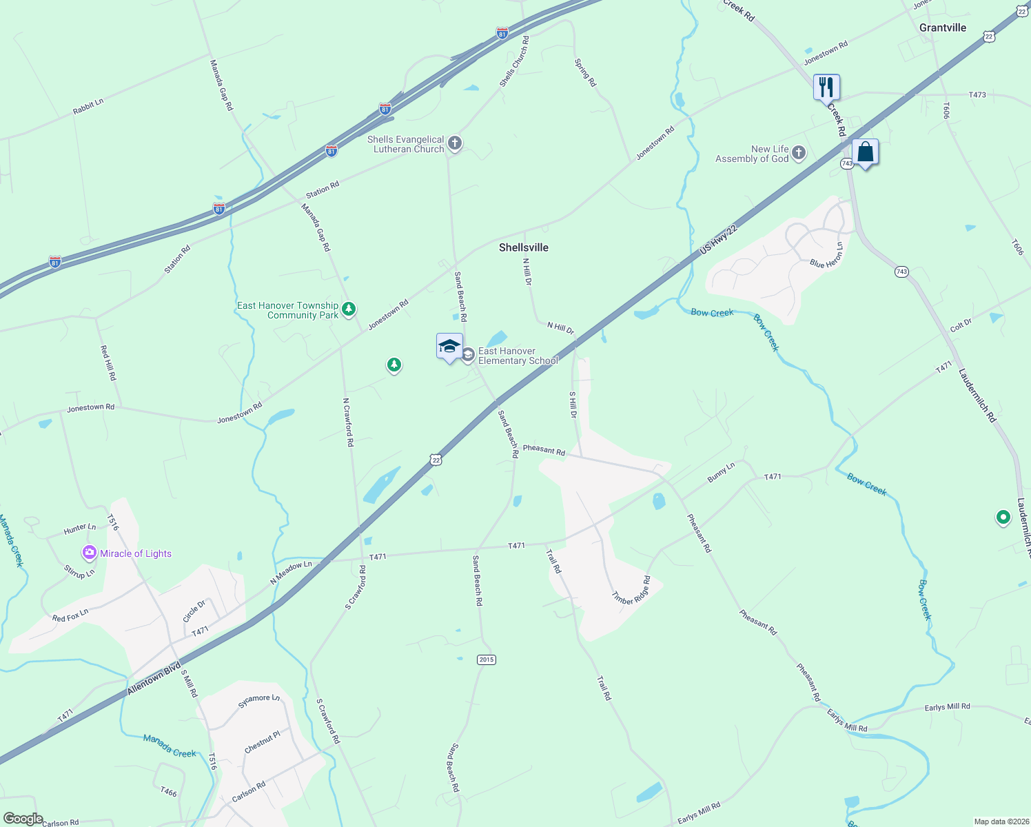 map of restaurants, bars, coffee shops, grocery stores, and more near 2570 Sand Beach Rd in Grantville