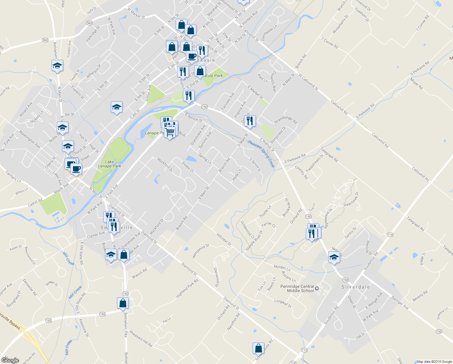 map of restaurants, bars, coffee shops, grocery stores, and more near 504 Nob Hill Drive in Perkasie