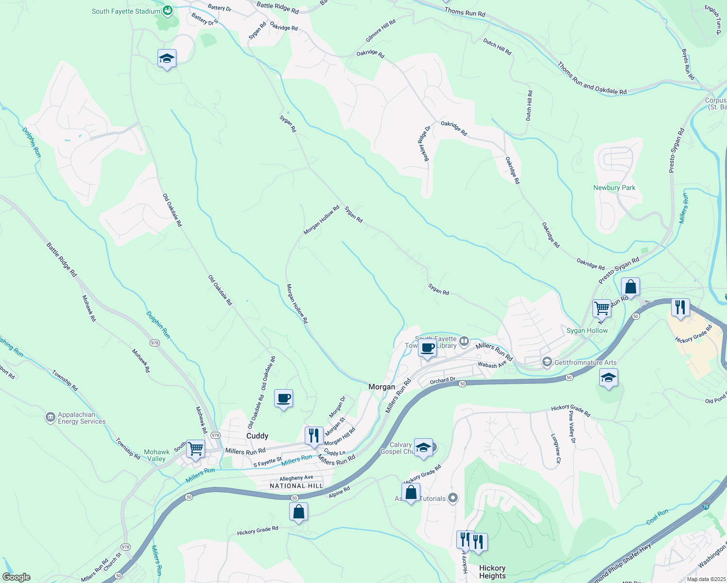 map of restaurants, bars, coffee shops, grocery stores, and more near in Morgan