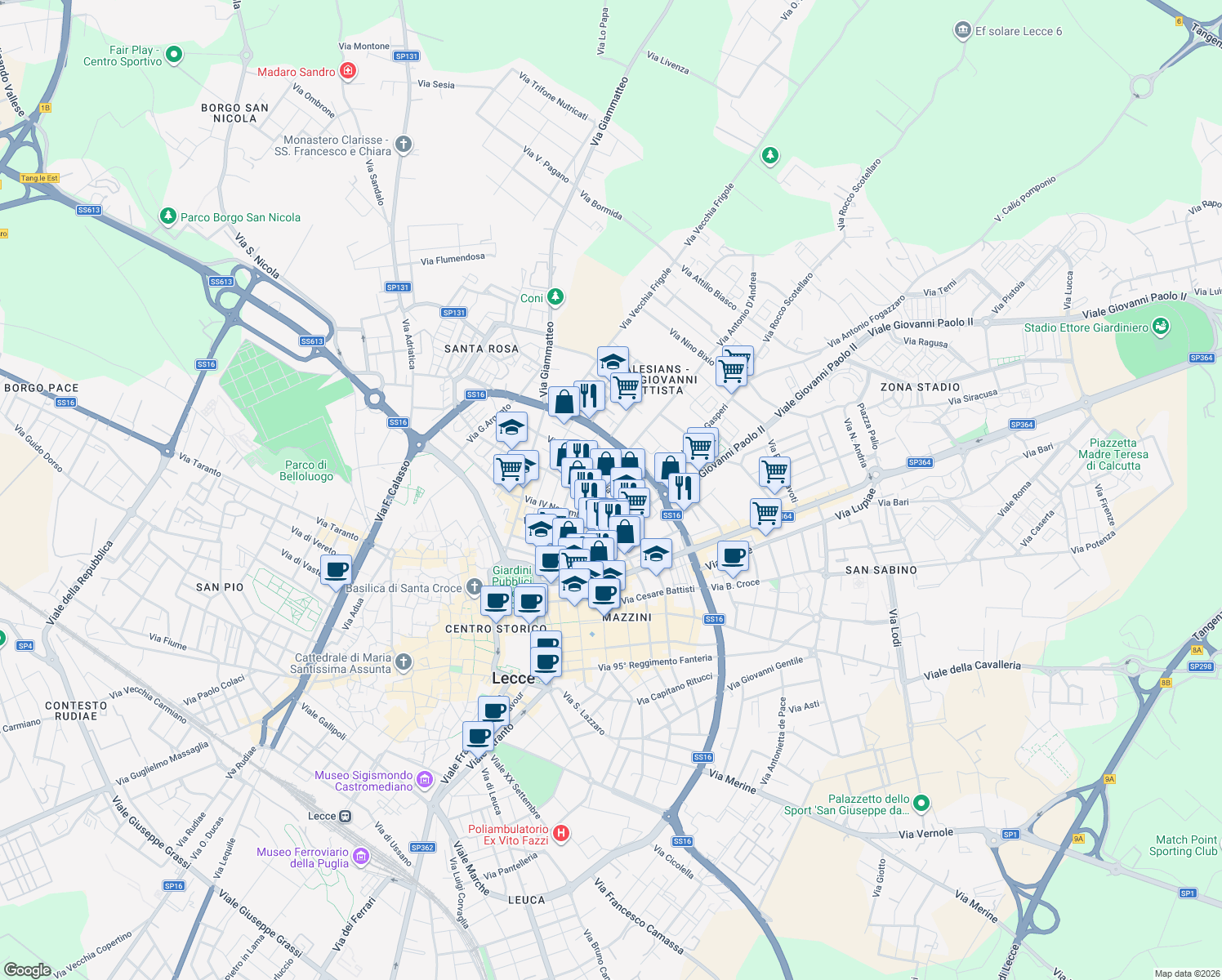 map of restaurants, bars, coffee shops, grocery stores, and more near 19-21 Piazza Ludovico Ariosto in Lecce