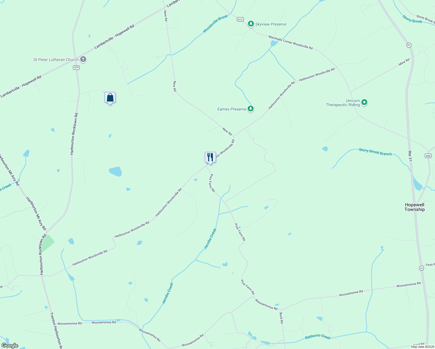 map of restaurants, bars, coffee shops, grocery stores, and more near 8 Poor Farm Road in Pennington