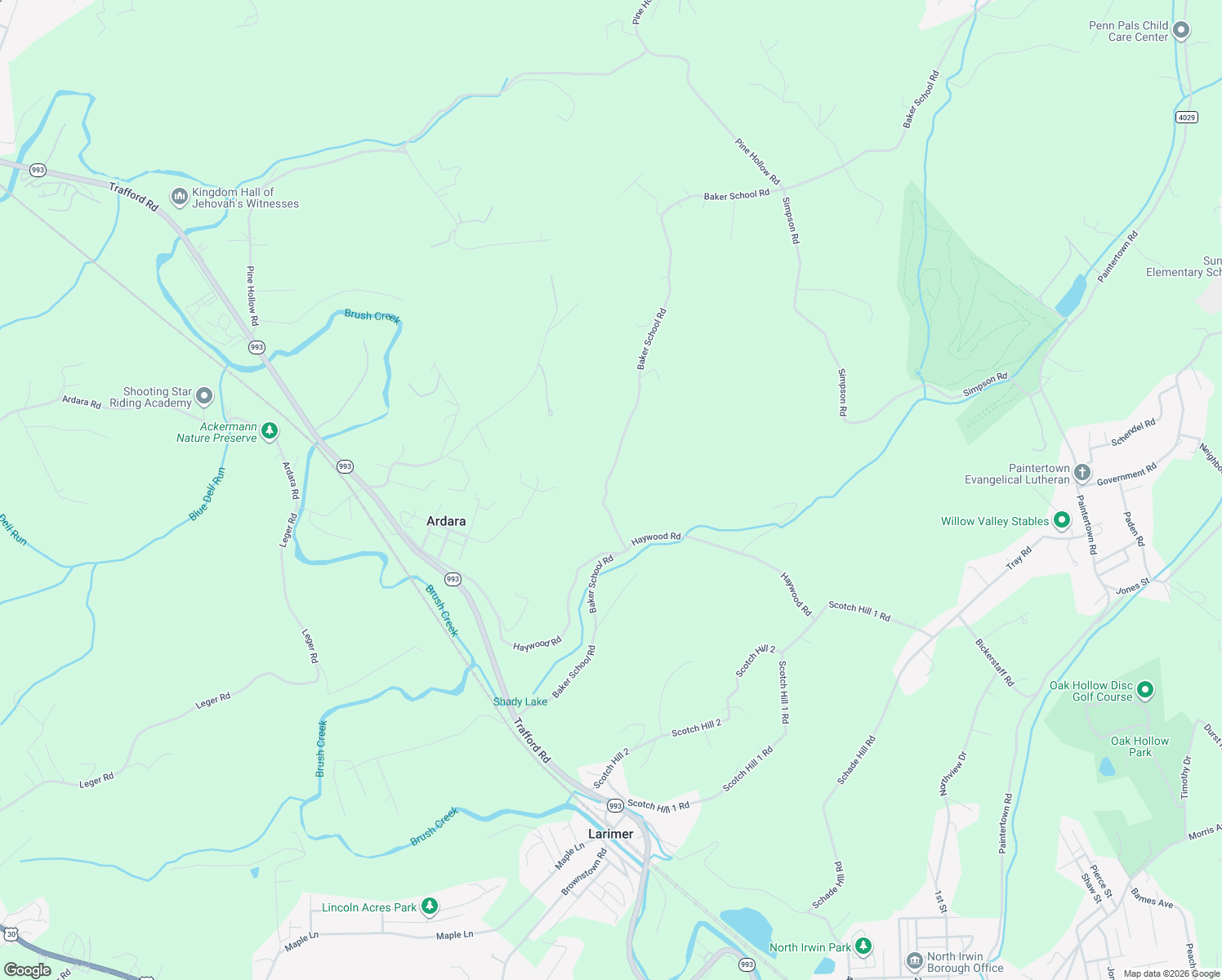 map of restaurants, bars, coffee shops, grocery stores, and more near 3132 Baker School Road in Irwin
