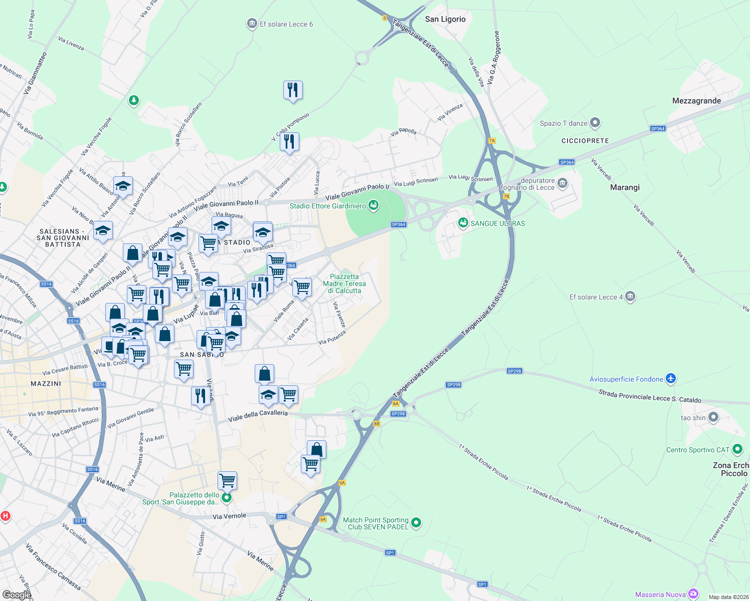 map of restaurants, bars, coffee shops, grocery stores, and more near 19/F Via Potenza in Lecce