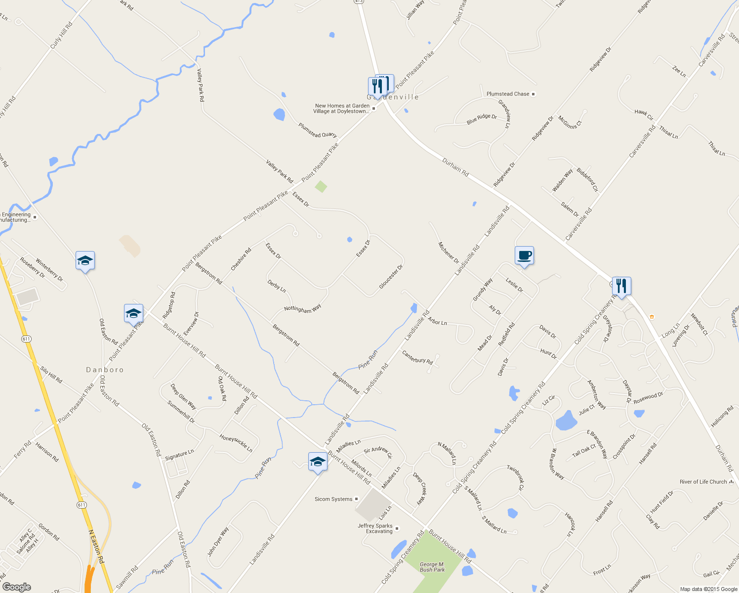 map of restaurants, bars, coffee shops, grocery stores, and more near 4944 Gloucester Drive in Doylestown