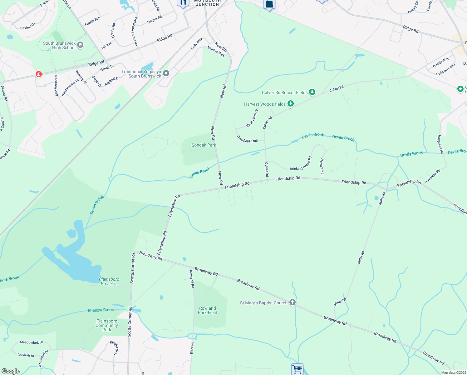 map of restaurants, bars, coffee shops, grocery stores, and more near 273 Friendship Road in South Brunswick Township