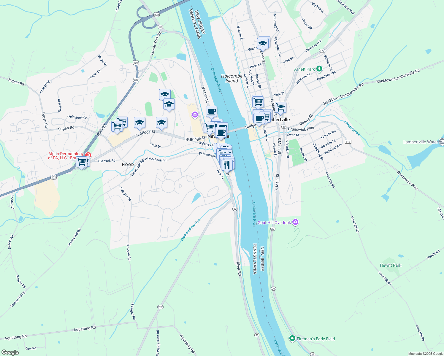 map of restaurants, bars, coffee shops, grocery stores, and more near 122 New Street in New Hope