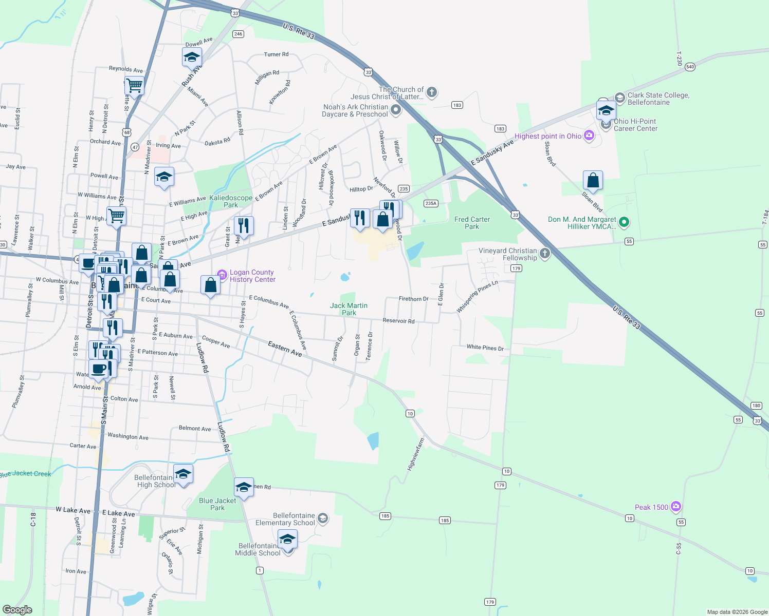 map of restaurants, bars, coffee shops, grocery stores, and more near 111 Heather Hill Dr in Bellefontaine