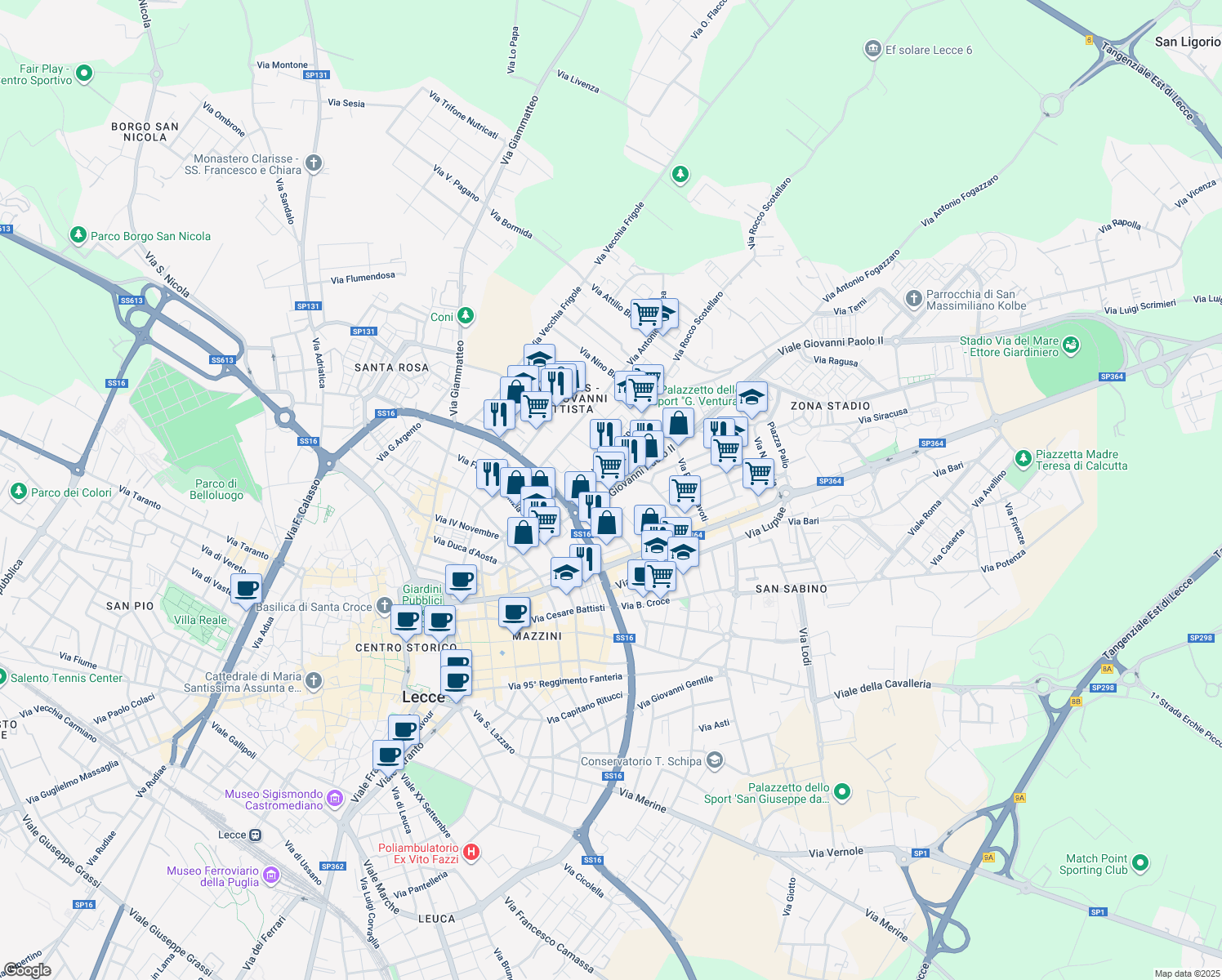 map of restaurants, bars, coffee shops, grocery stores, and more near 9 Viale Giovanni Paolo II in Lecce