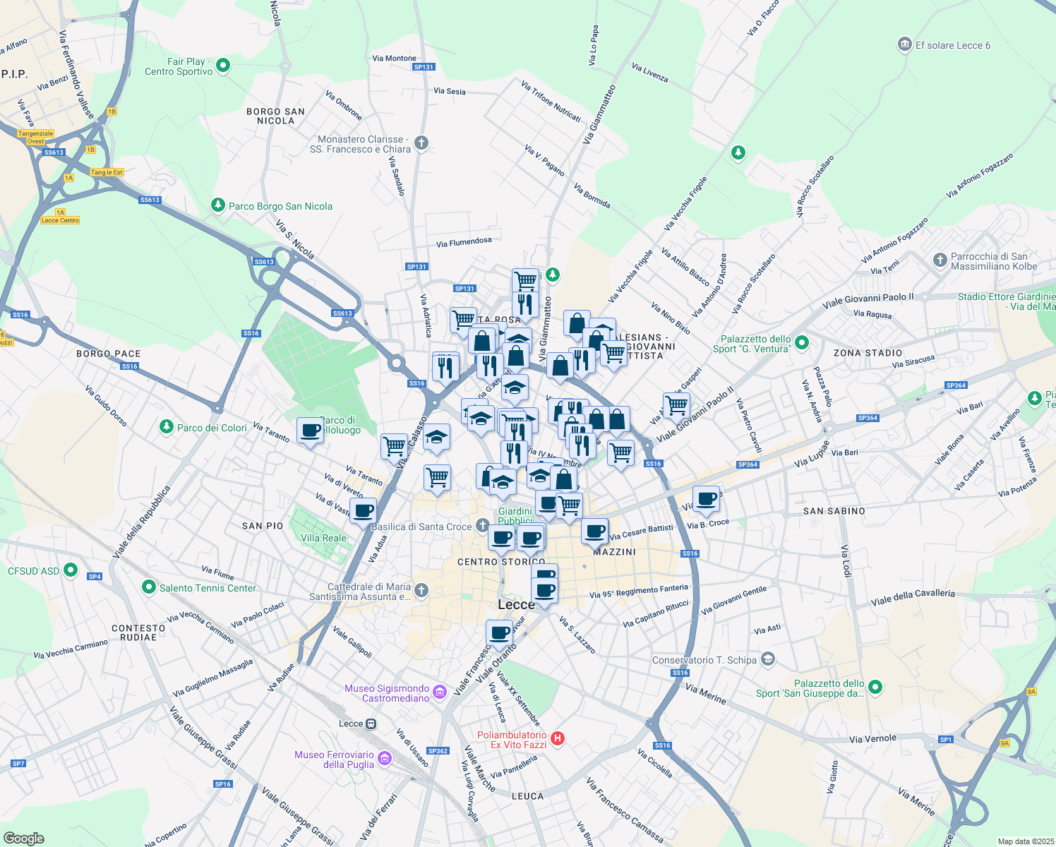 map of restaurants, bars, coffee shops, grocery stores, and more near 2-6 Via Alessandro Manzoni in Lecce