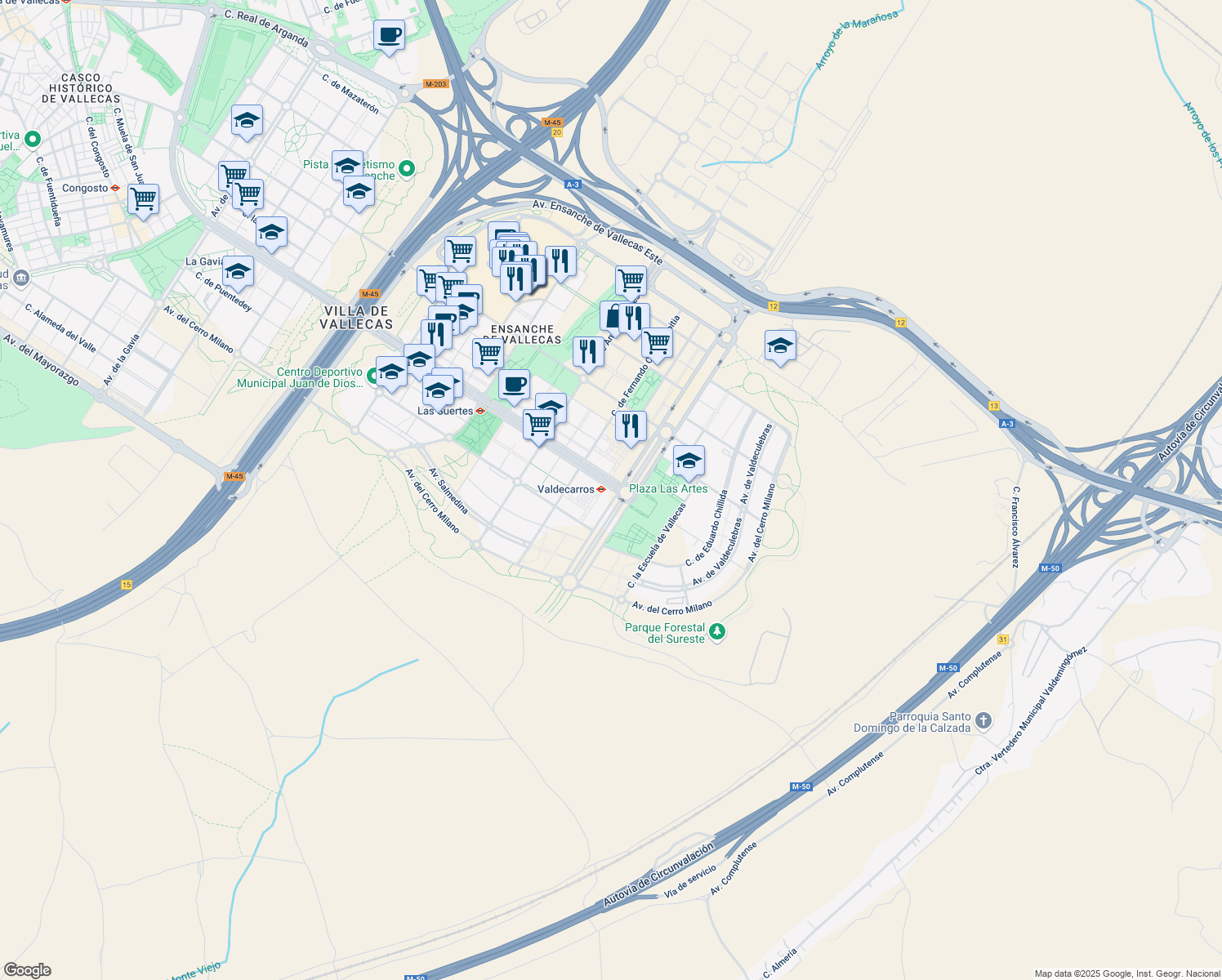 map of restaurants, bars, coffee shops, grocery stores, and more near 89 Avenida del Ensanche de Vallecas in Madrid