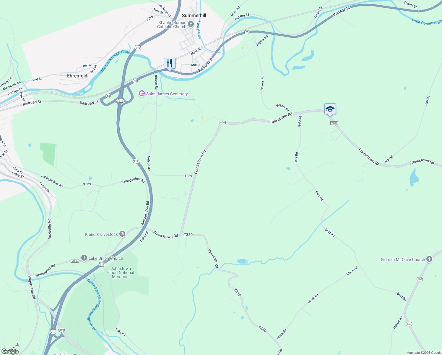 map of restaurants, bars, coffee shops, grocery stores, and more near 945 Frankstown Road in Sidman