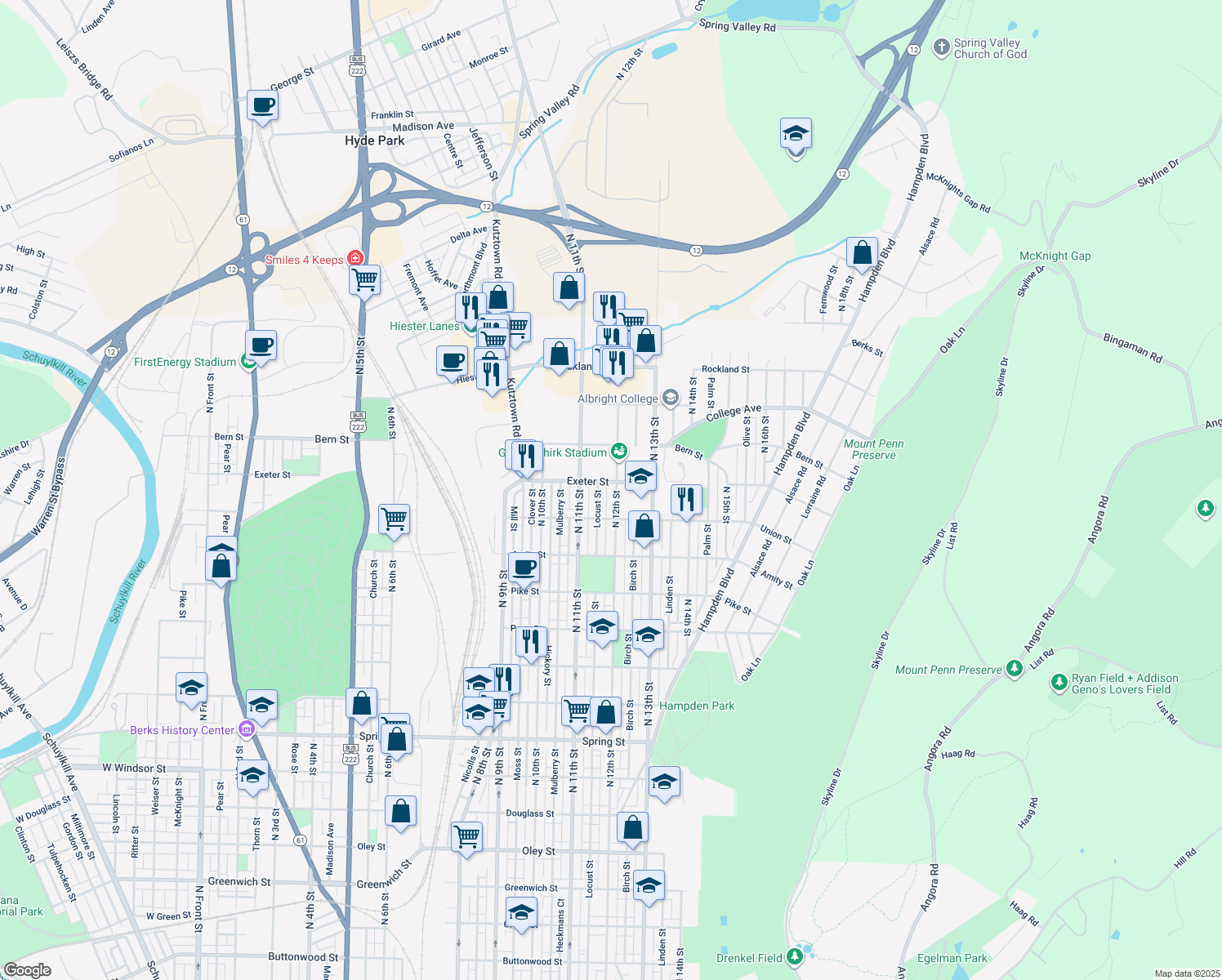 map of restaurants, bars, coffee shops, grocery stores, and more near 1626 N 12th St in Reading