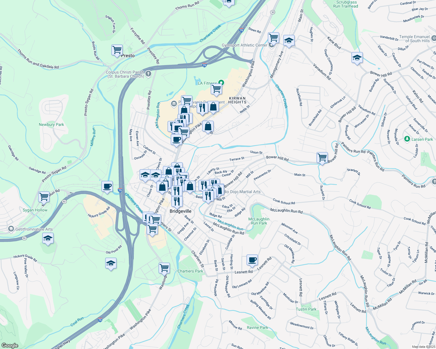 map of restaurants, bars, coffee shops, grocery stores, and more near 320 Center St in Bridgeville