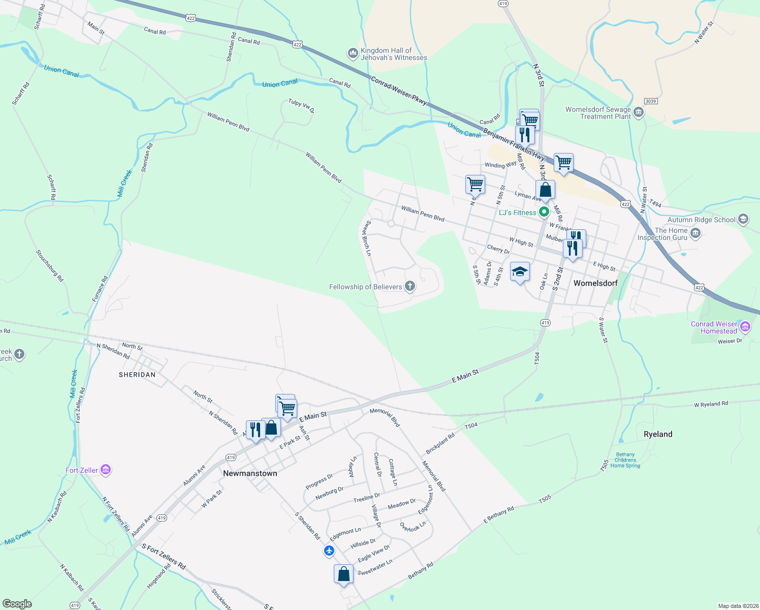 map of restaurants, bars, coffee shops, grocery stores, and more near 194 Rosebush Court in Womelsdorf
