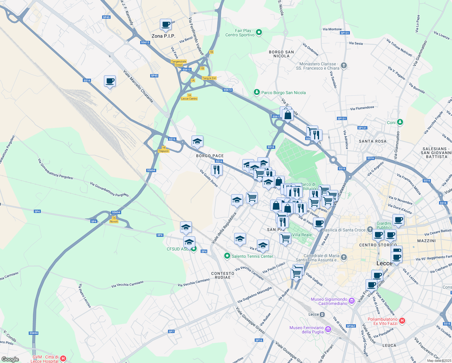 map of restaurants, bars, coffee shops, grocery stores, and more near 25 Via Enzo Estrafallaces in Lecce