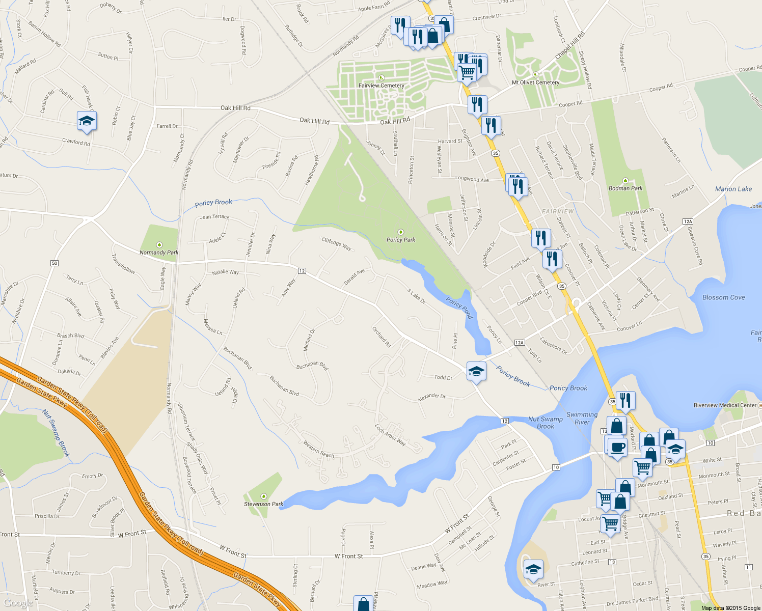 map of restaurants, bars, coffee shops, grocery stores, and more near 757 Nutswamp Road in Red Bank