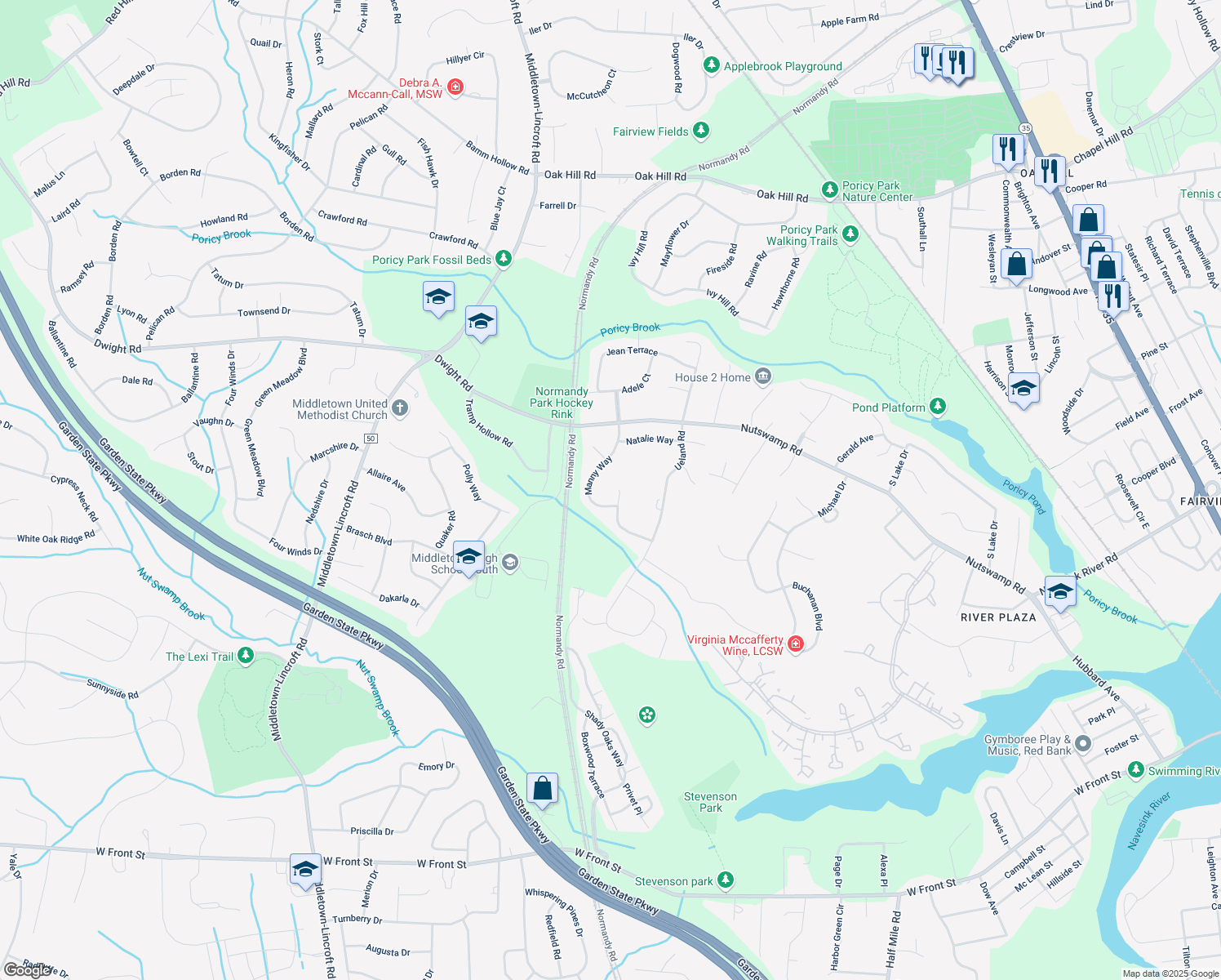 map of restaurants, bars, coffee shops, grocery stores, and more near 82 Melissa Lane in Red Bank