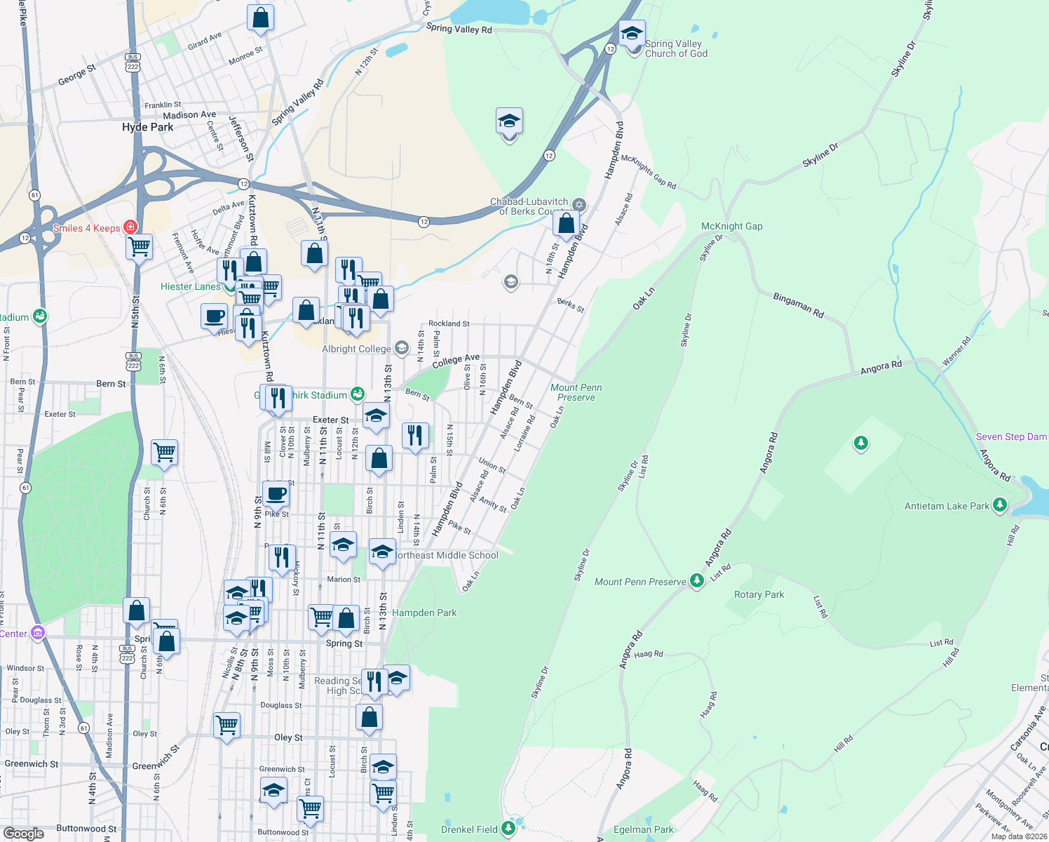 map of restaurants, bars, coffee shops, grocery stores, and more near 1730 Lorraine Road in Reading