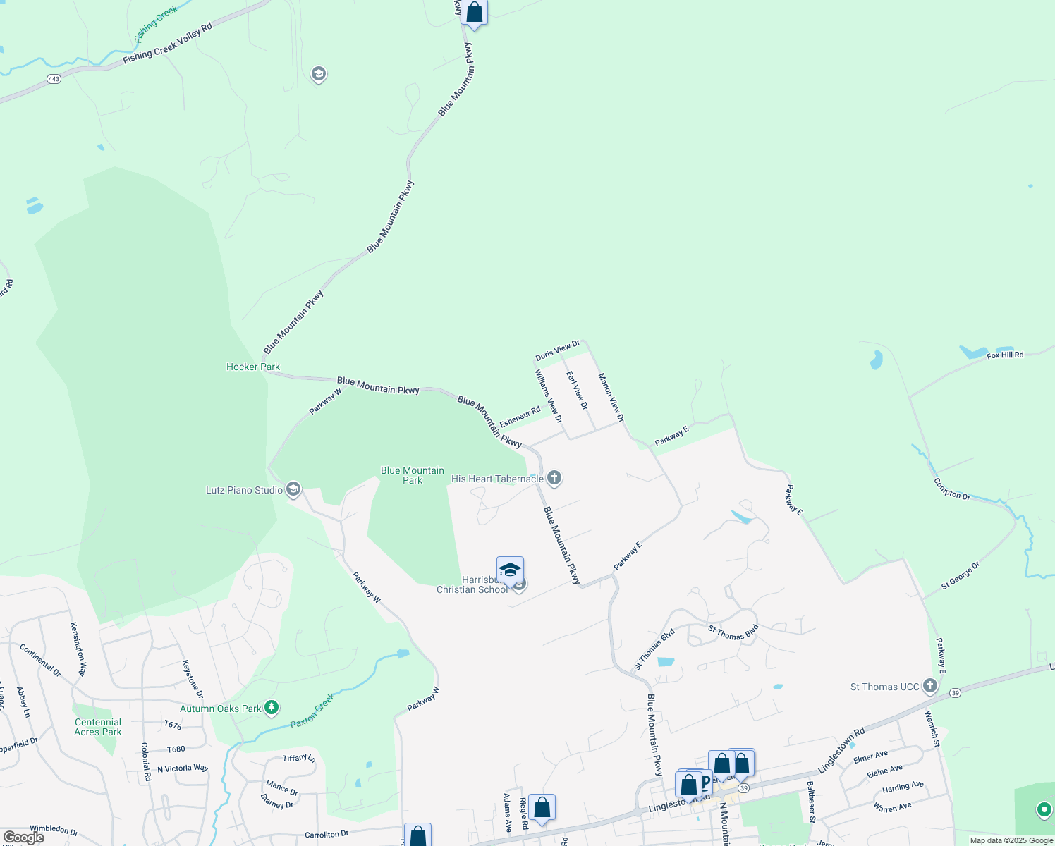 map of restaurants, bars, coffee shops, grocery stores, and more near 5907 Eshenaur Road in Harrisburg