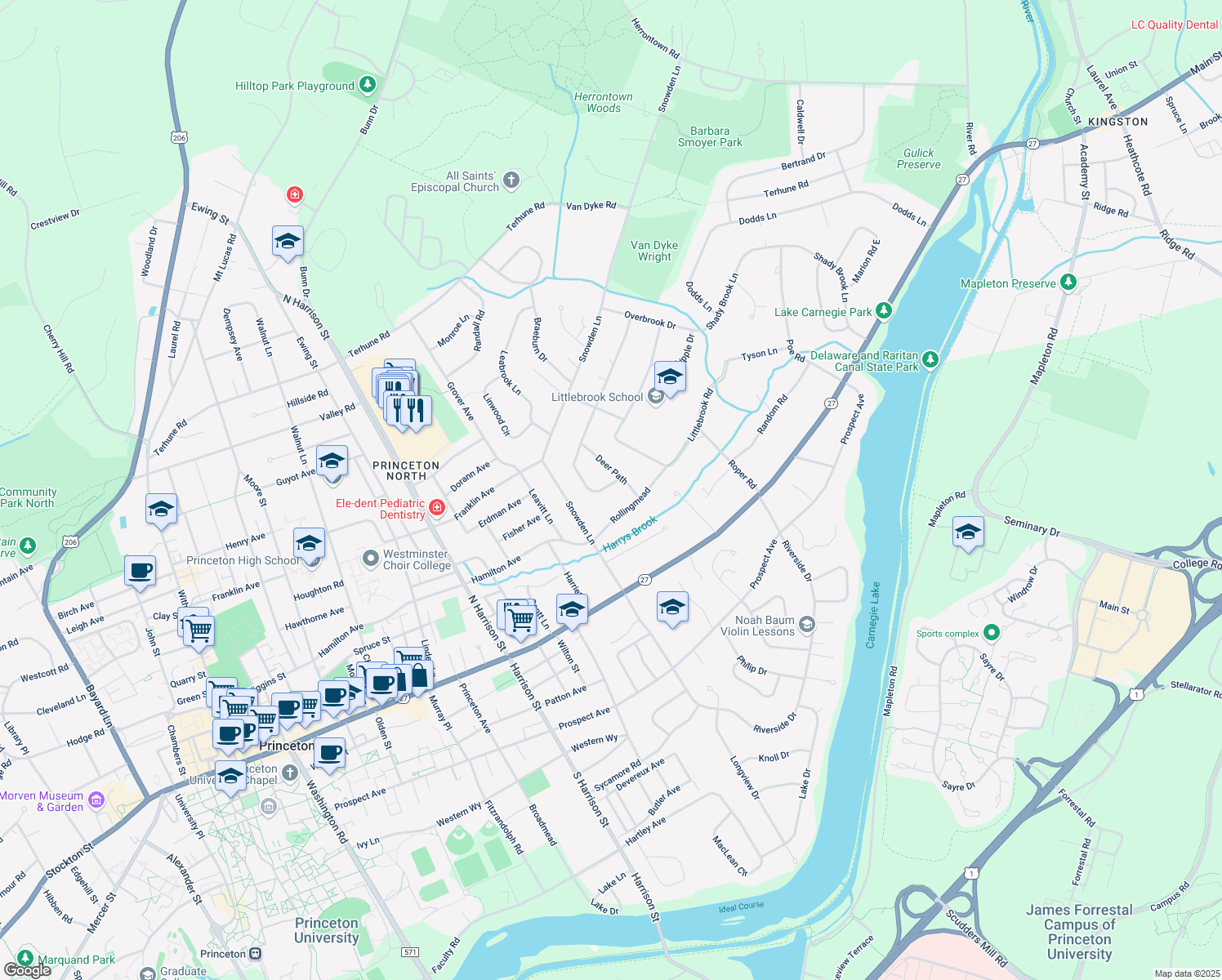 map of restaurants, bars, coffee shops, grocery stores, and more near 16 Clover Lane in Princeton