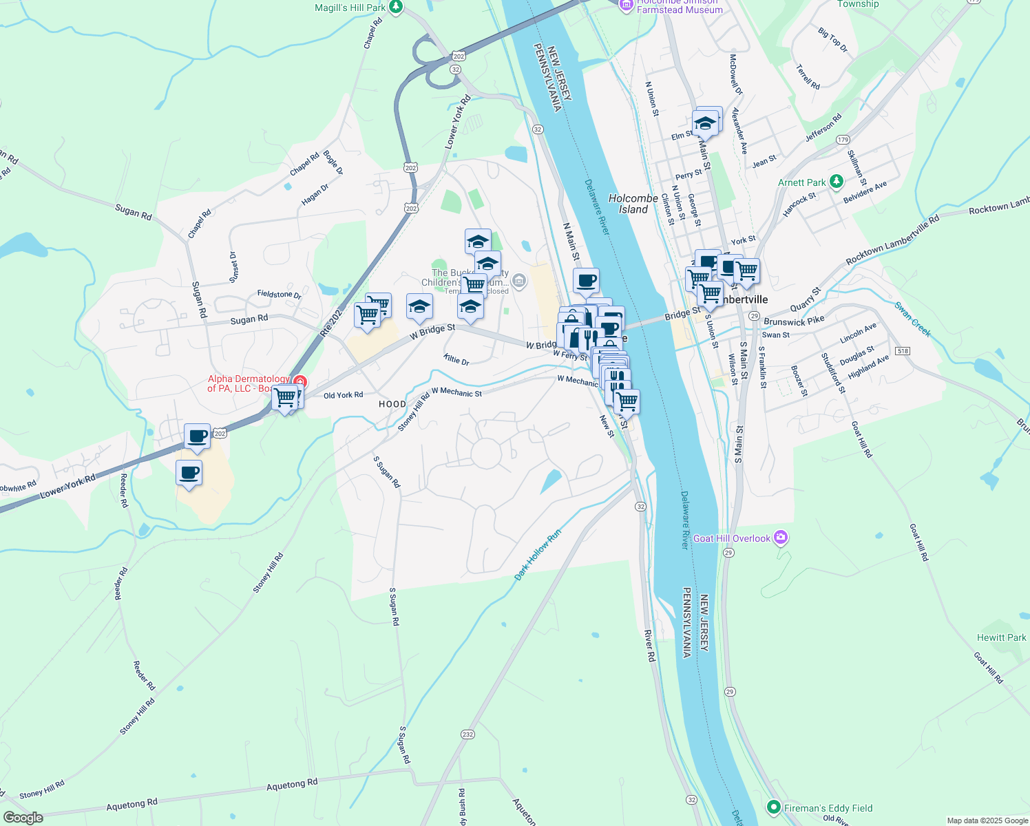 map of restaurants, bars, coffee shops, grocery stores, and more near 27 Arden Way in New Hope