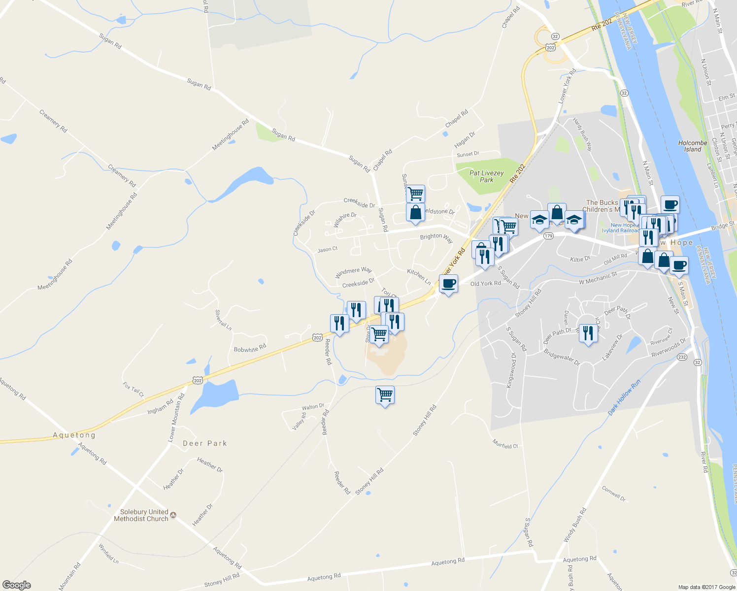 map of restaurants, bars, coffee shops, grocery stores, and more near 143 Shire Drive in New Hope