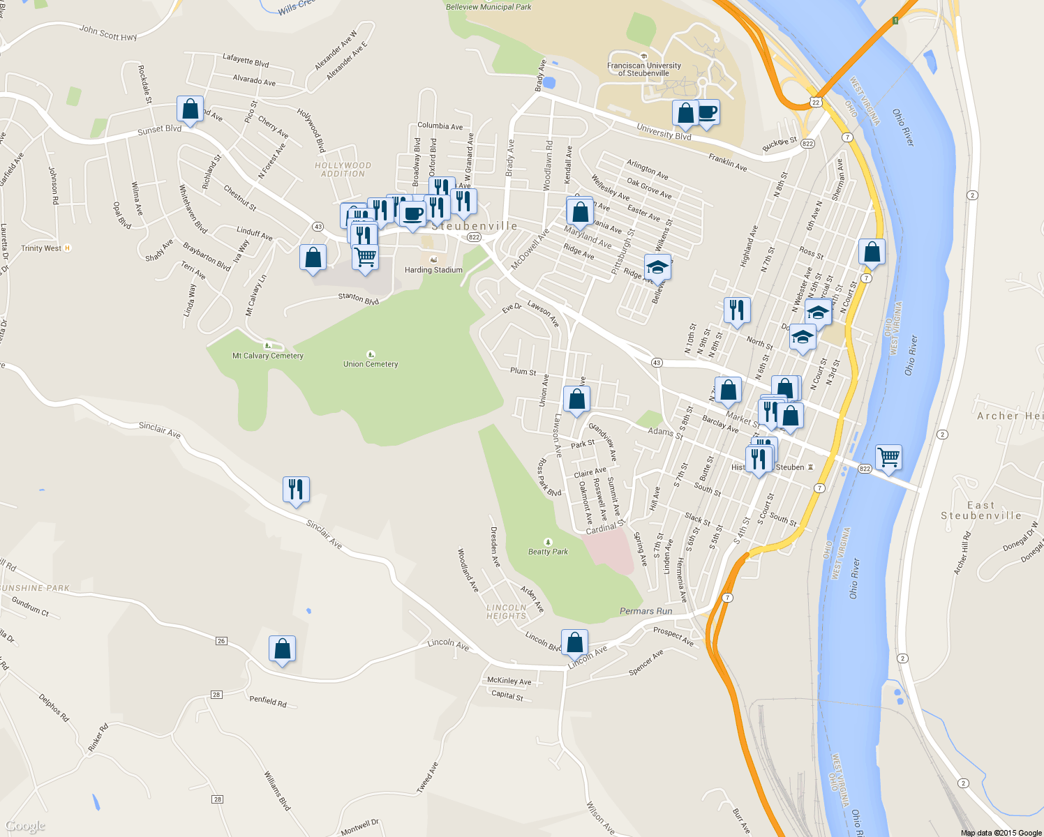map of restaurants, bars, coffee shops, grocery stores, and more near 1598 West Adams Street in Steubenville