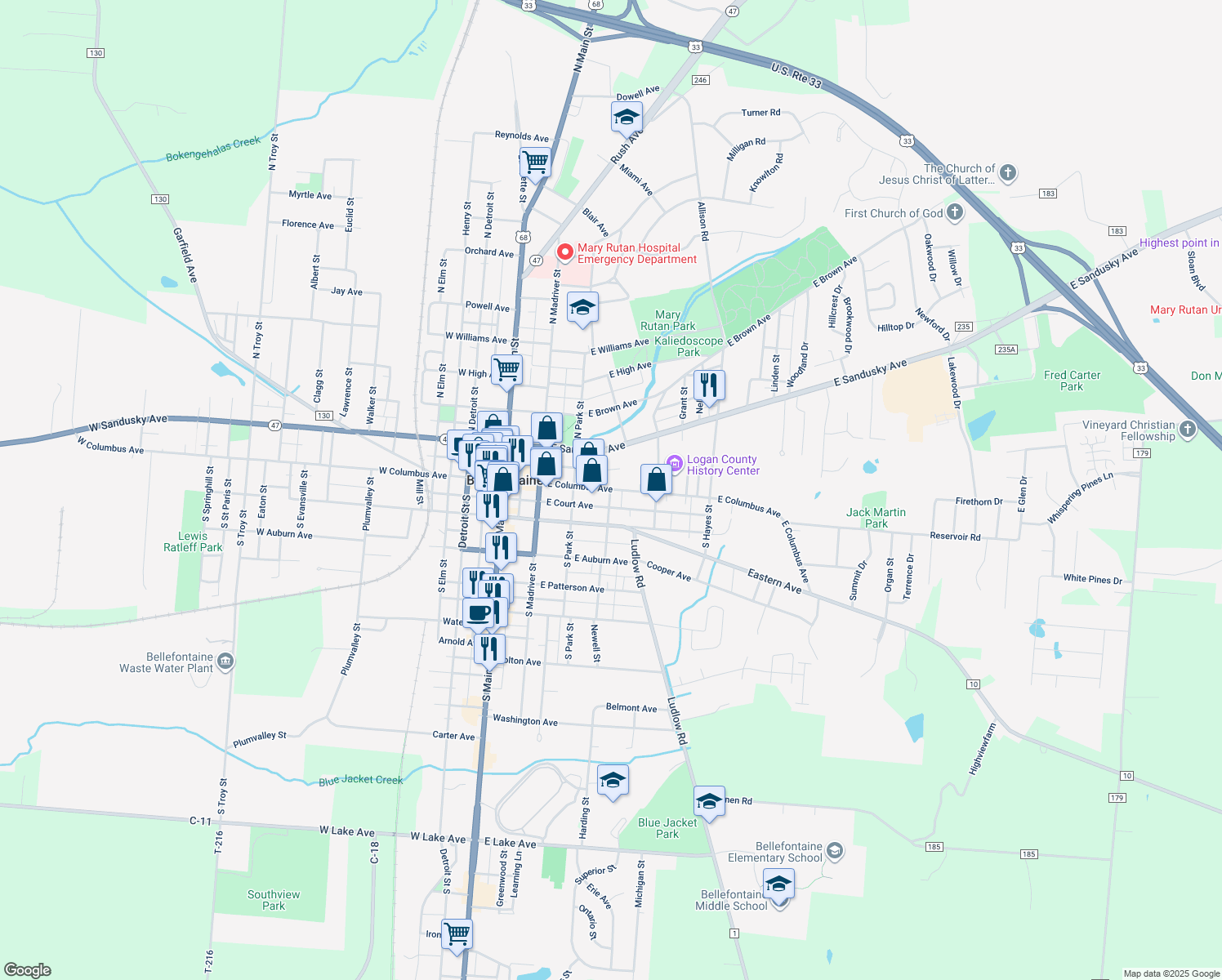 map of restaurants, bars, coffee shops, grocery stores, and more near 400 East Columbus Avenue in Bellefontaine