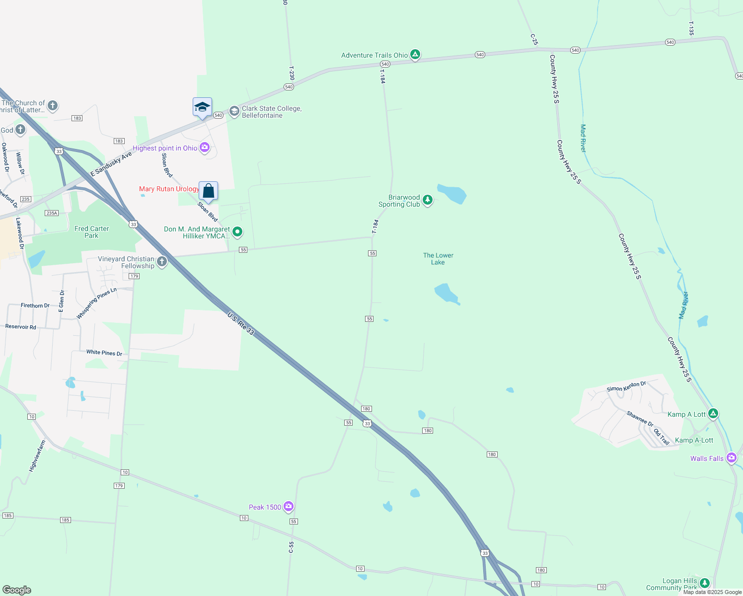 map of restaurants, bars, coffee shops, grocery stores, and more near 2236 Township Road 55 in Bellefontaine