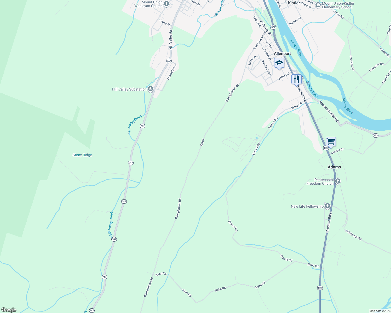 map of restaurants, bars, coffee shops, grocery stores, and more near 14658 Wrangletown Road in Mount Union