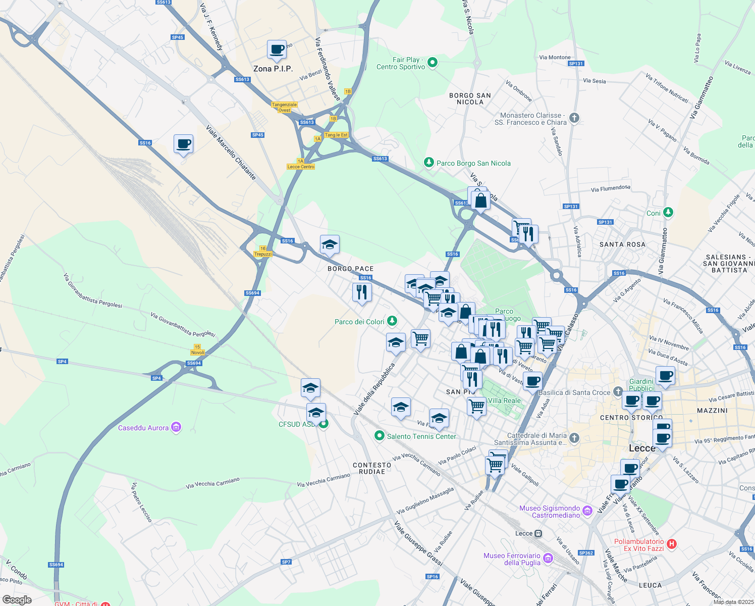 map of restaurants, bars, coffee shops, grocery stores, and more near 25 Via Enzo Estrafallaces in Lecce