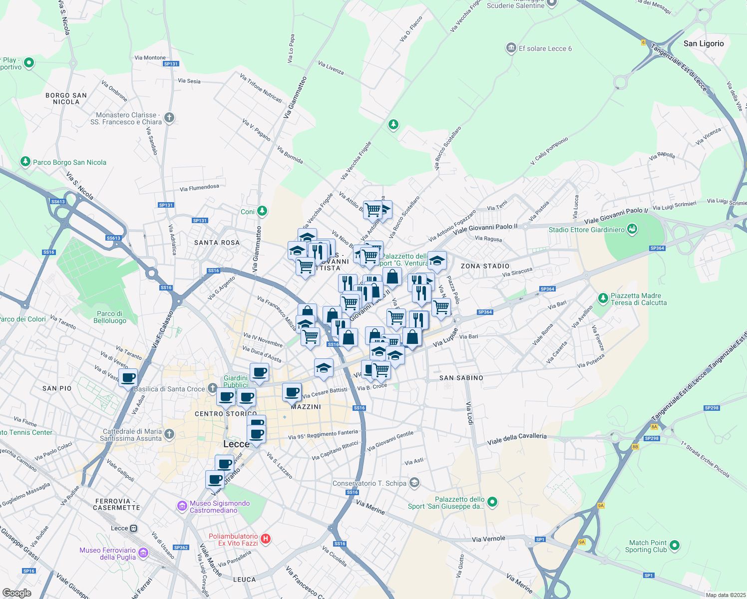 map of restaurants, bars, coffee shops, grocery stores, and more near Viale Stadio in Lecce