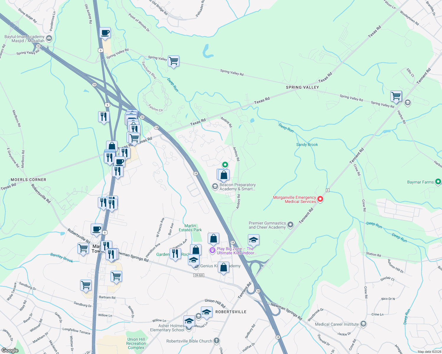 map of restaurants, bars, coffee shops, grocery stores, and more near 173 Amboy Rd in Marlboro