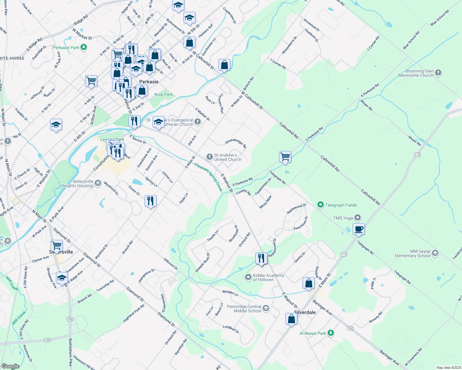 map of restaurants, bars, coffee shops, grocery stores, and more near 16 South Perkasie Road in Perkasie