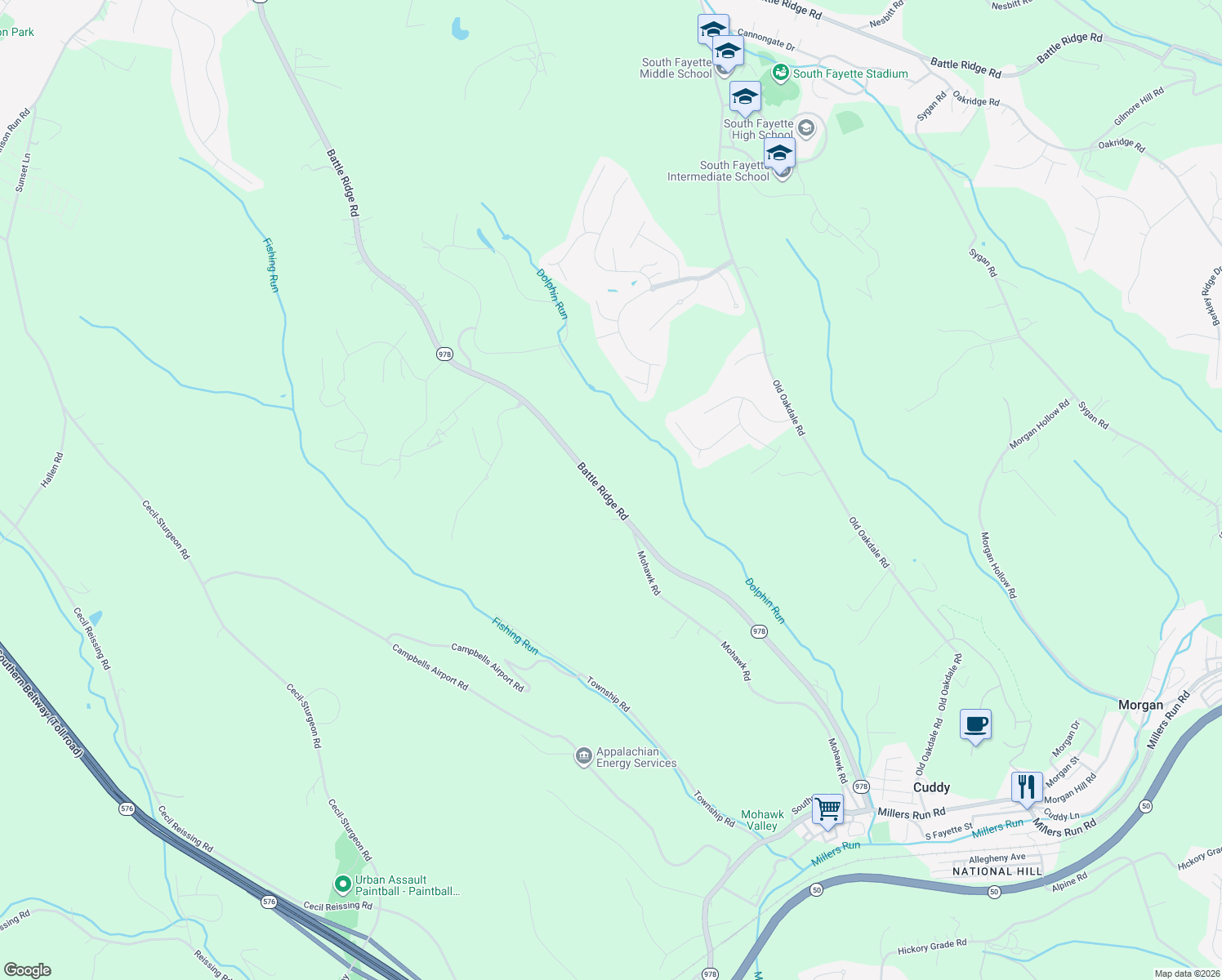 map of restaurants, bars, coffee shops, grocery stores, and more near 4184 Battle Ridge Road in McDonald