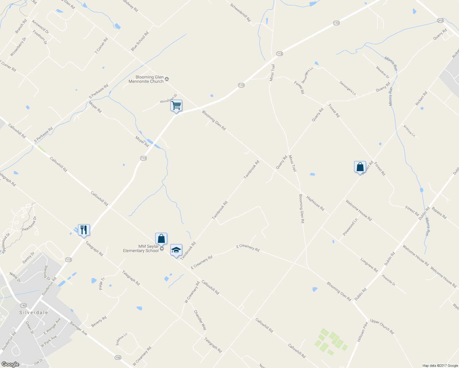 map of restaurants, bars, coffee shops, grocery stores, and more near 408 Twinbrook Road in Perkasie