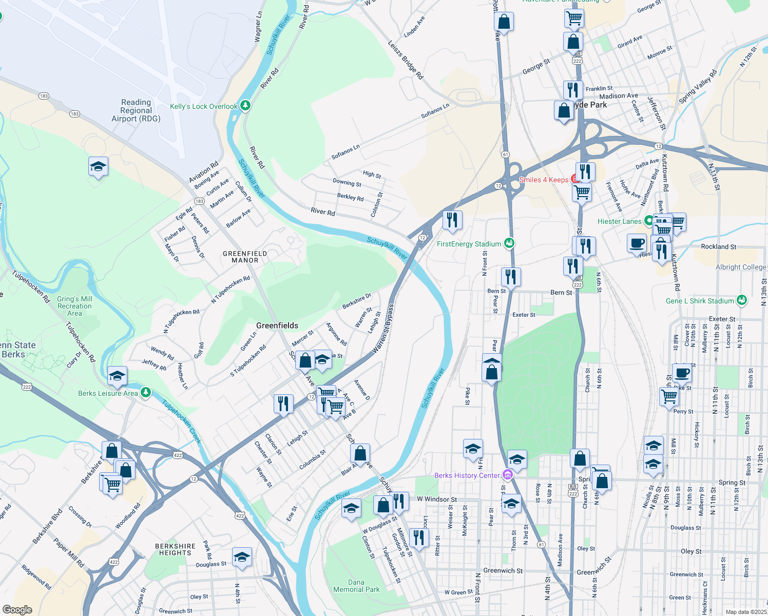 map of restaurants, bars, coffee shops, grocery stores, and more near 848 Lehigh Street in Reading