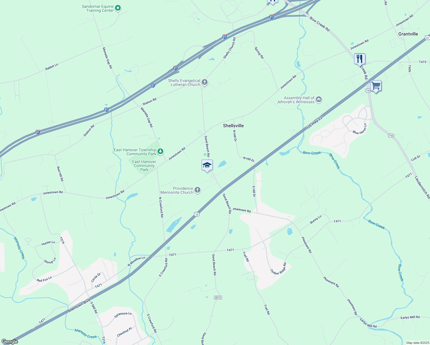 map of restaurants, bars, coffee shops, grocery stores, and more near 111 Sanjo Drive in Grantville