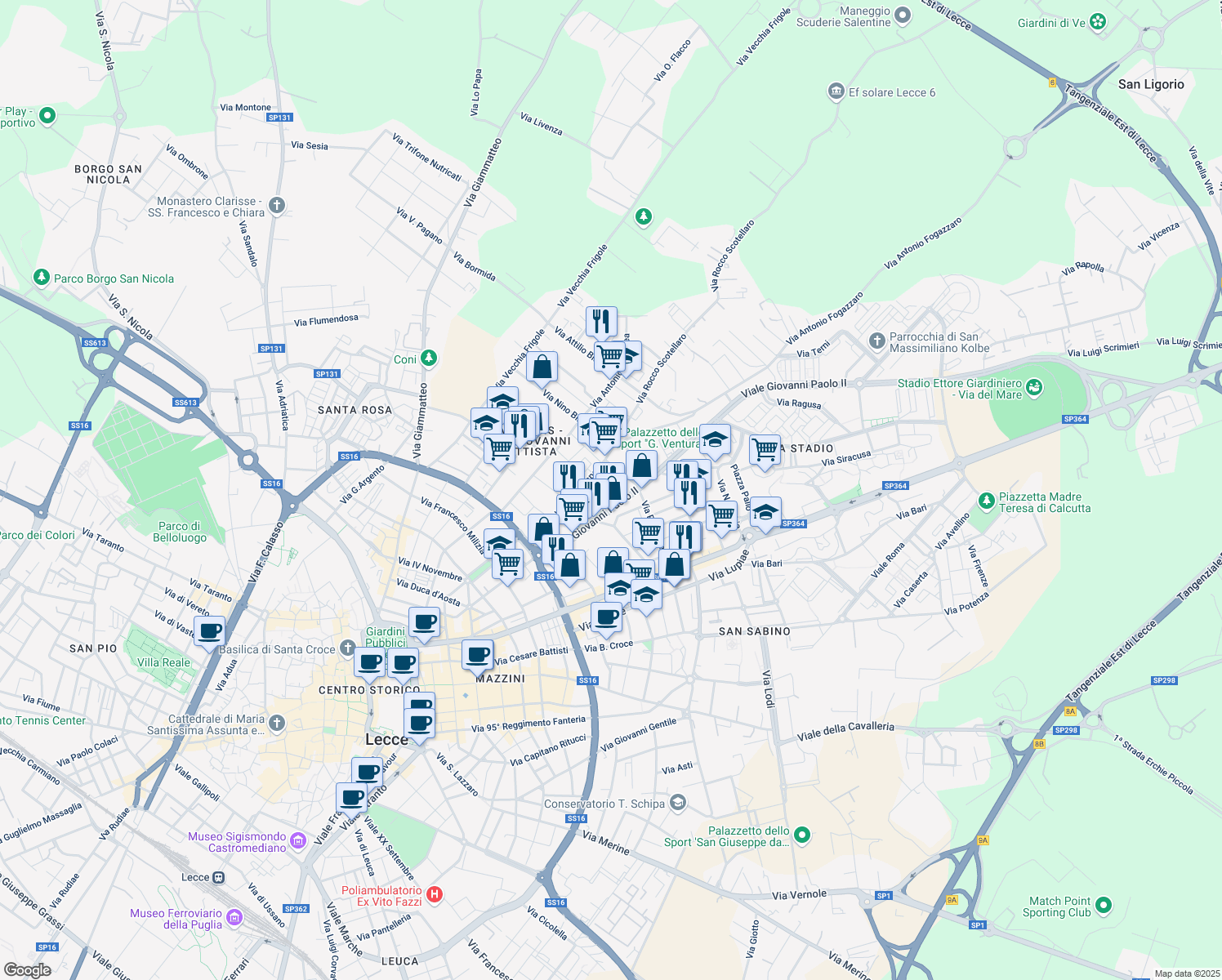 map of restaurants, bars, coffee shops, grocery stores, and more near Piazzetta Salvatore Quasimodo in Lecce