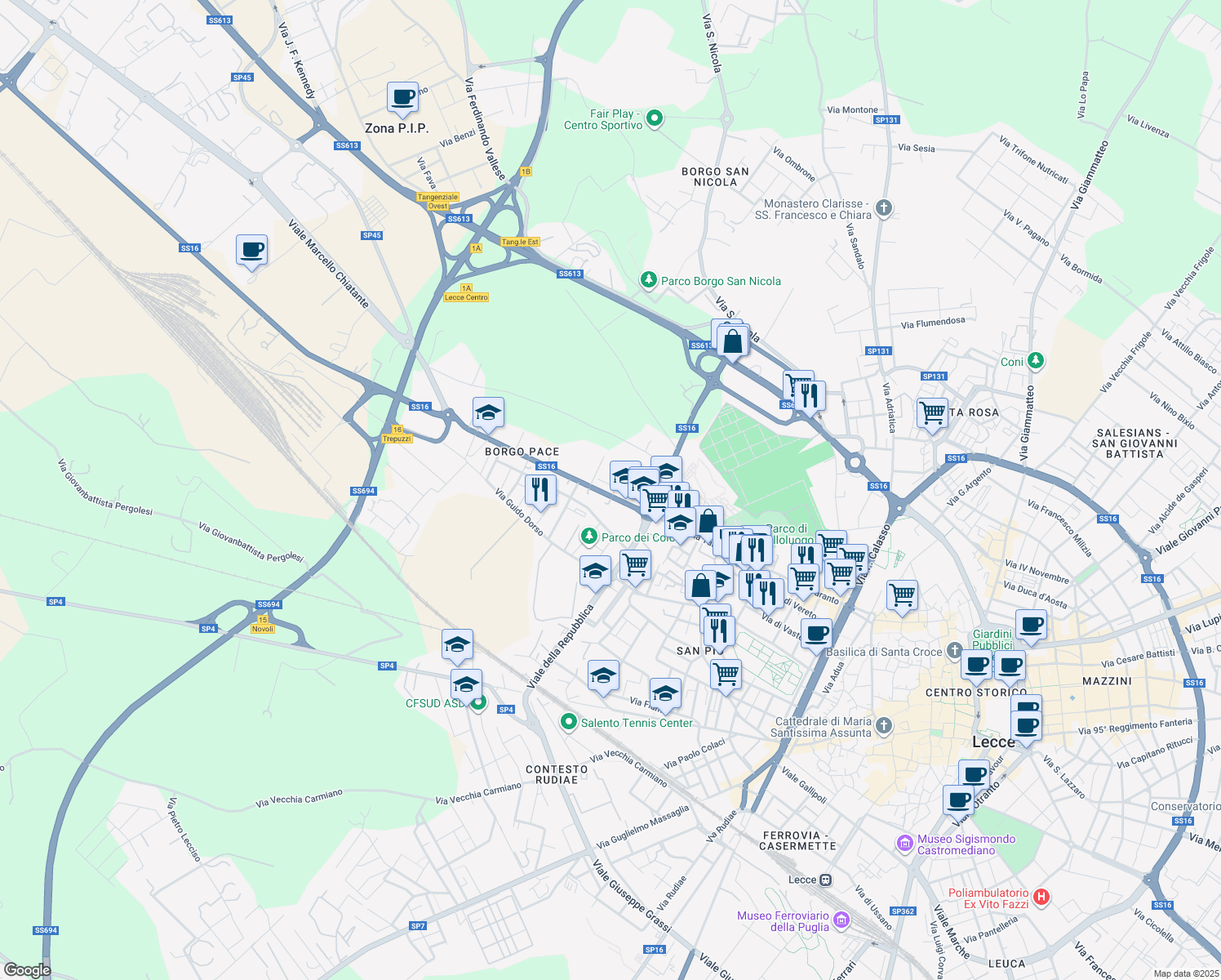 map of restaurants, bars, coffee shops, grocery stores, and more near Via Belloluogo in Lecce