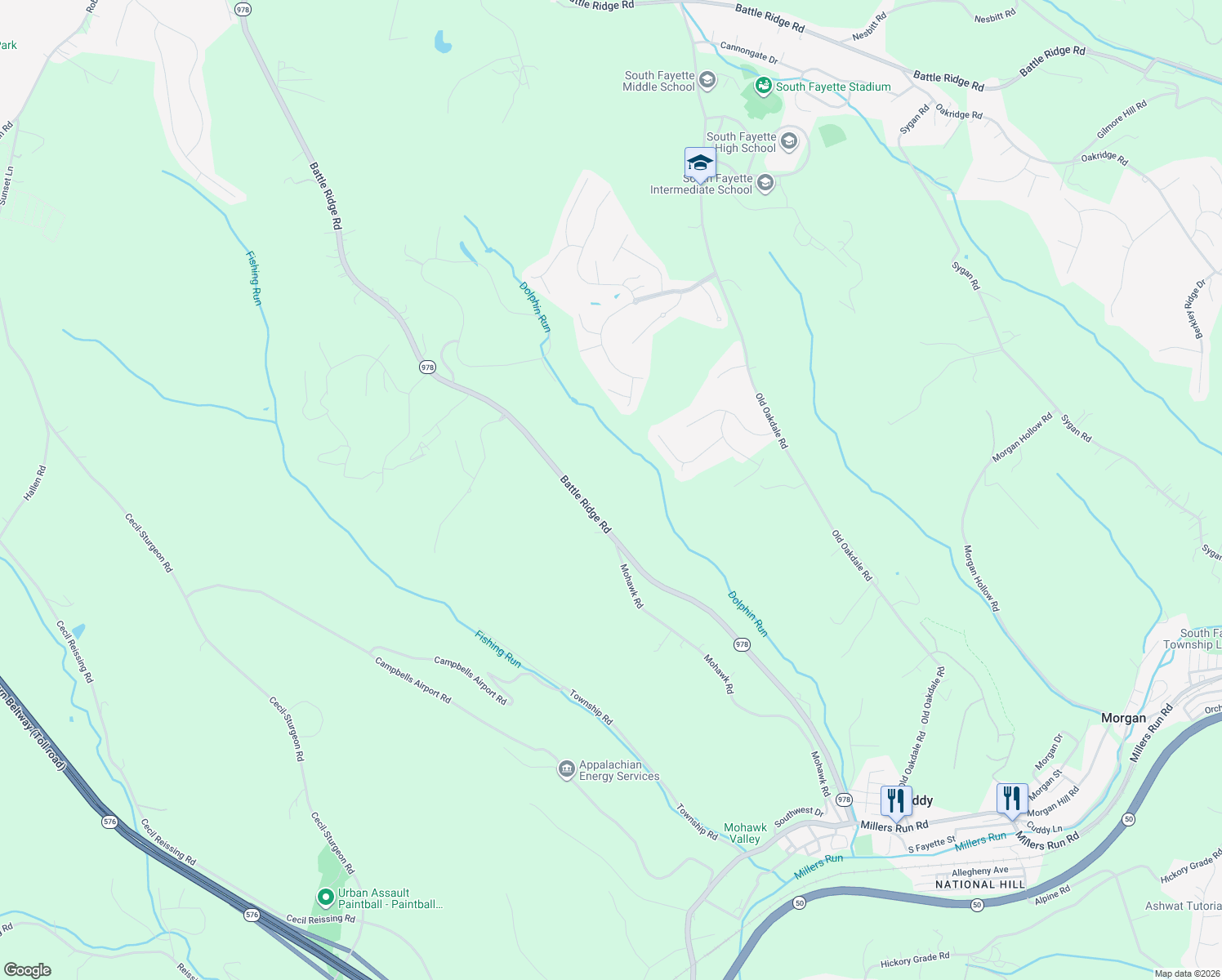 map of restaurants, bars, coffee shops, grocery stores, and more near 4184 Battle Ridge Road in McDonald